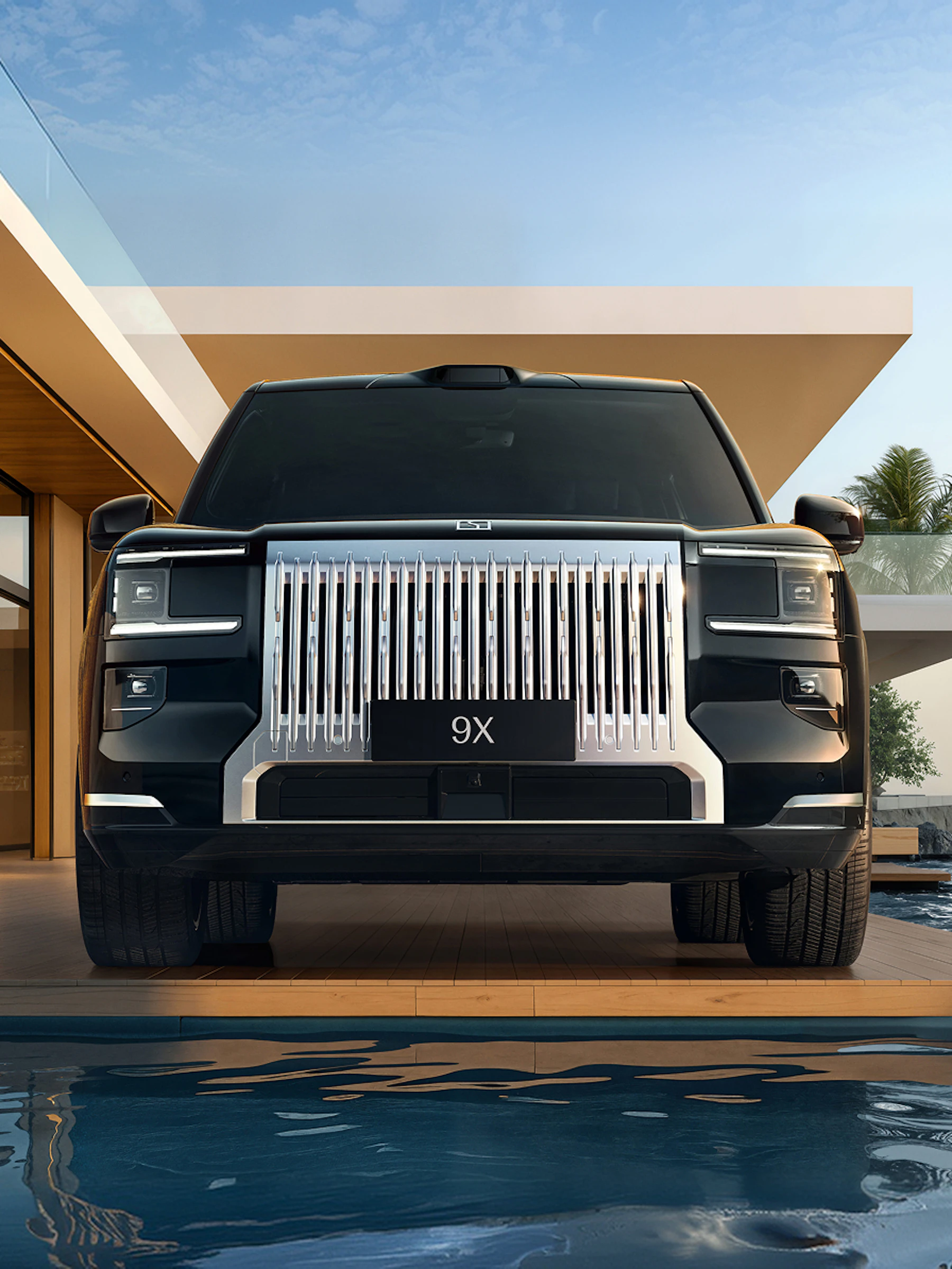 Zeekr 9X in Onyx Black vor moderner Villa mit Pool